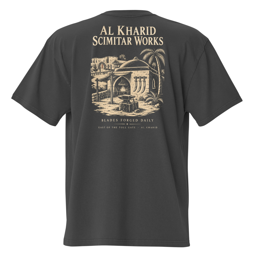 Al Kharid Scimitar Works on the back of a faded black tee