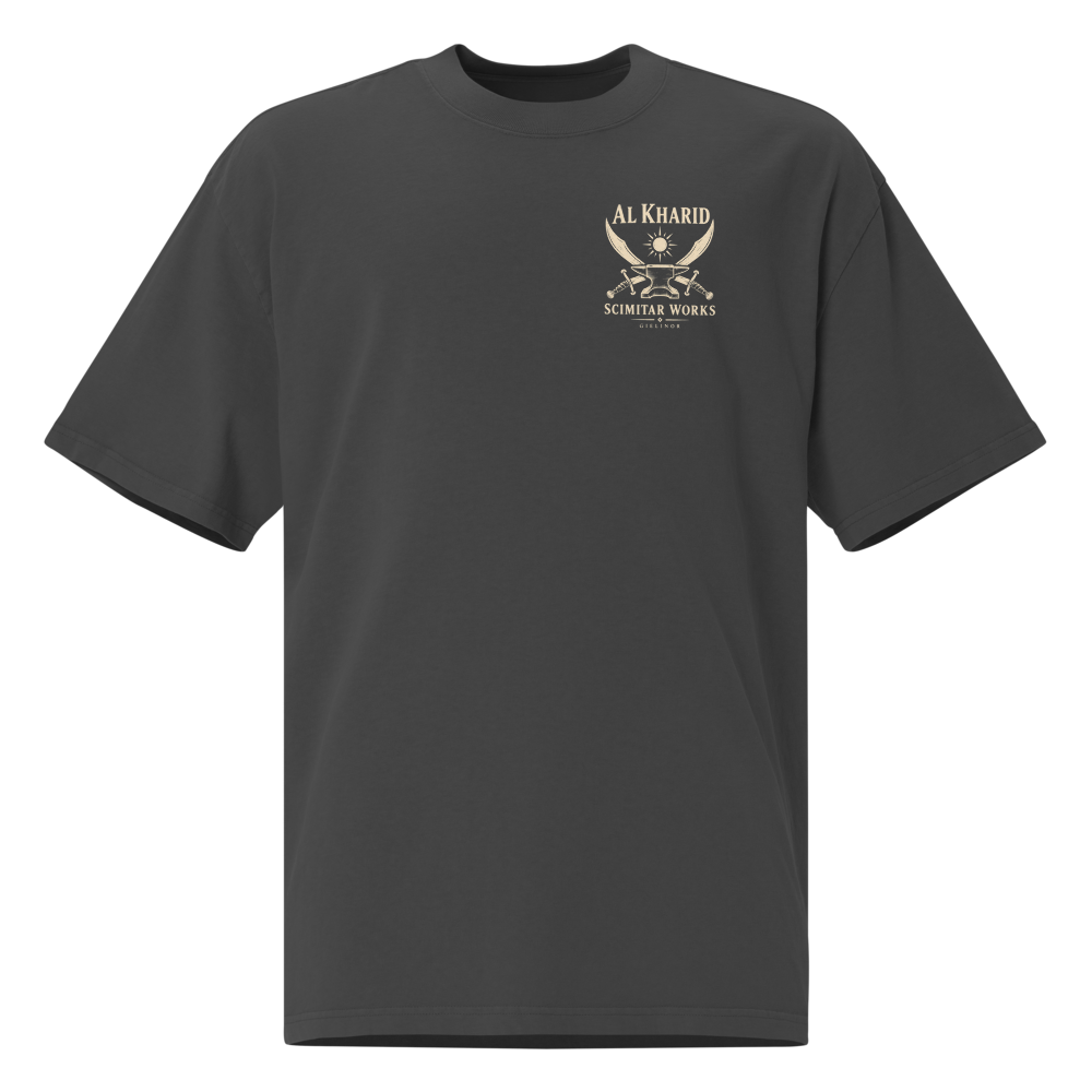 Al Kharid Scimitar Works crest on the chest of a faded black tee