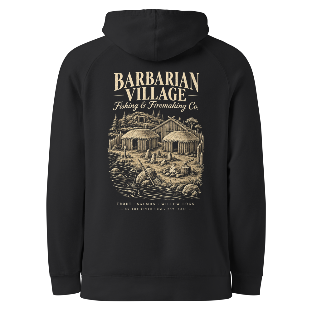 Barbarian Village on the back of a coal hoodie