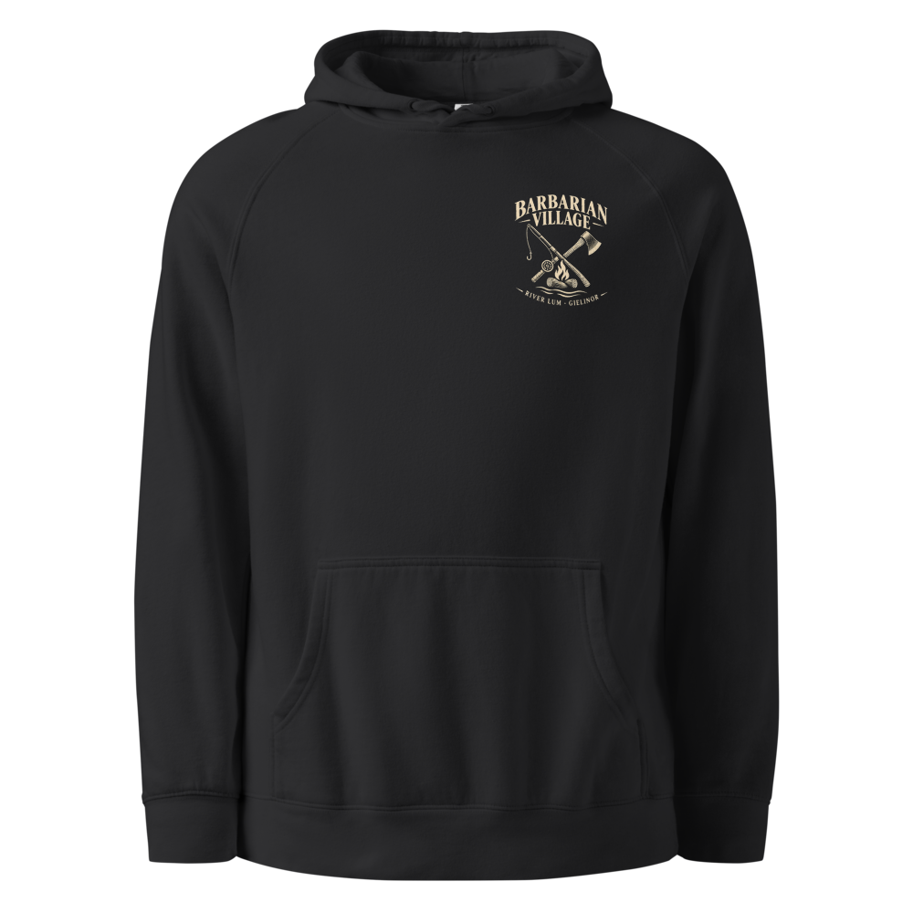 Barbarian Village crest on the chest of a coal hoodie