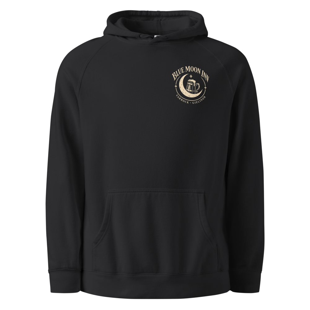 The Blue Moon Inn crest on the chest of a coal hoodie