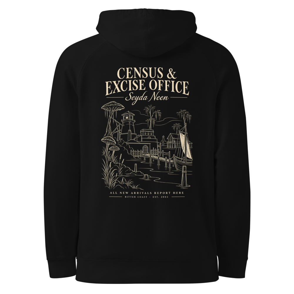 Census & Excise Office on the back of a black hoodie