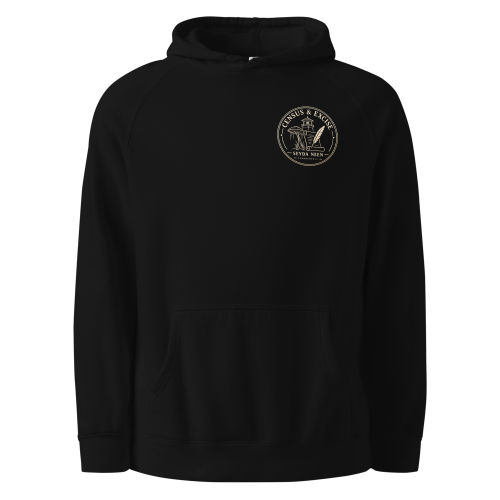 Census & Excise Office crest on the chest of a black hoodie