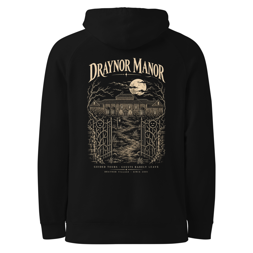 Draynor Manor on the back of a black hoodie