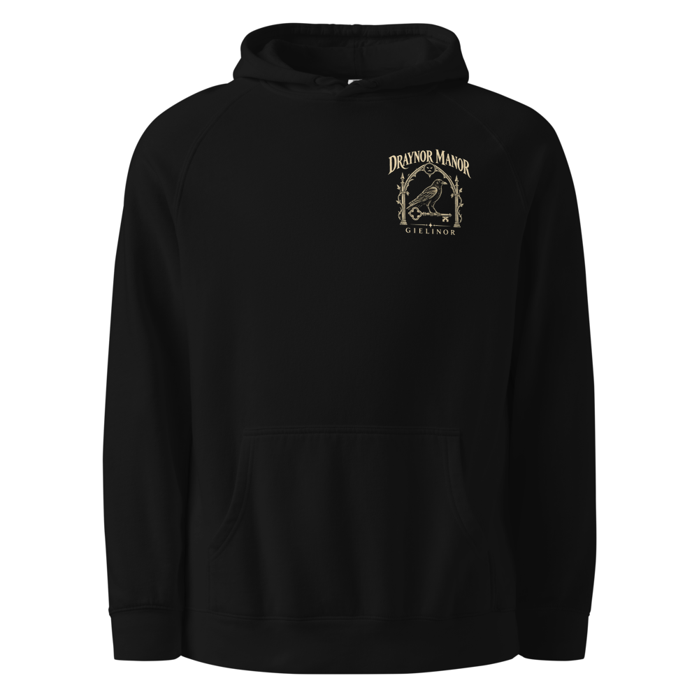 Draynor Manor crest on the chest of a black hoodie