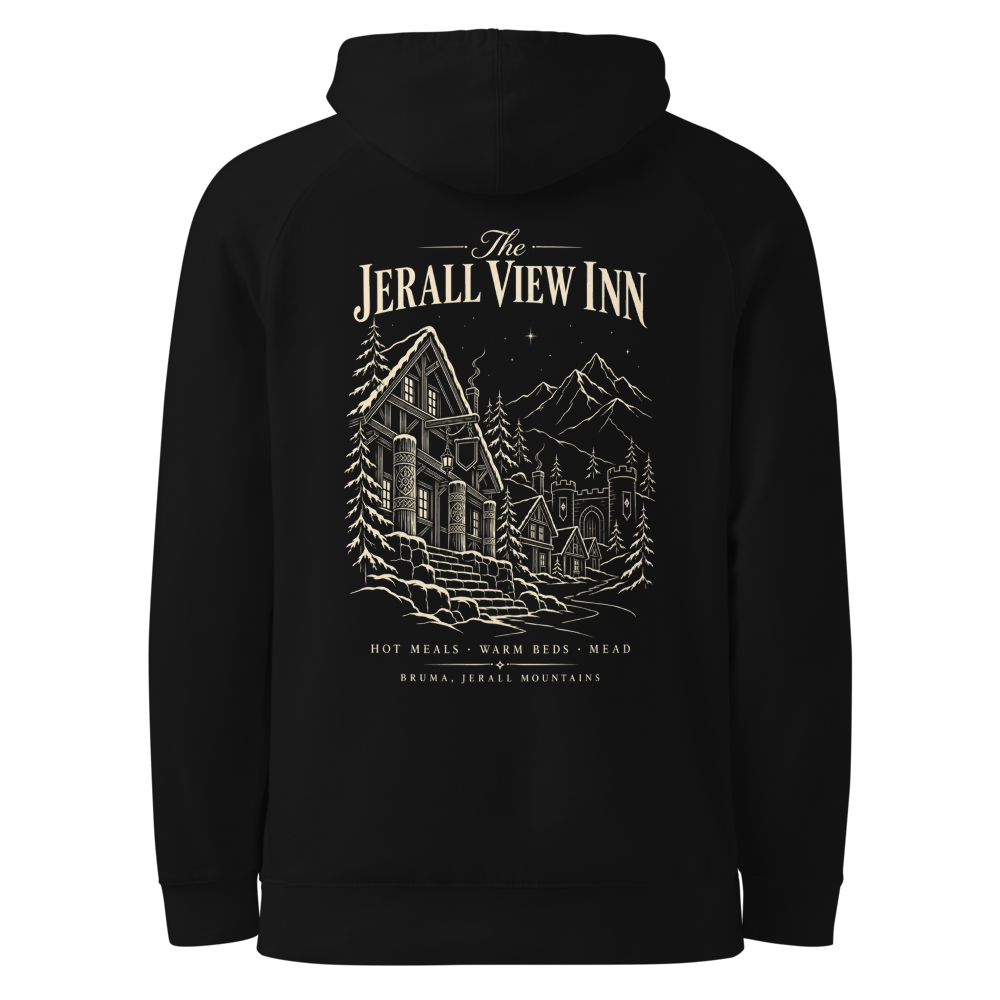 The Jerall View Inn on the back of a black hoodie