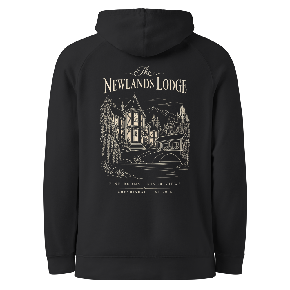 The Newlands Lodge on the back of a coal hoodie