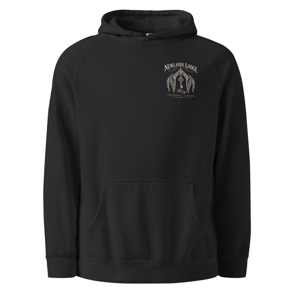 The Newlands Lodge crest on the chest of a coal hoodie