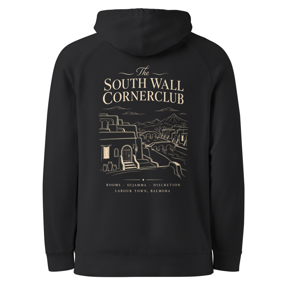 The South Wall Cornerclub on the back of a coal hoodie