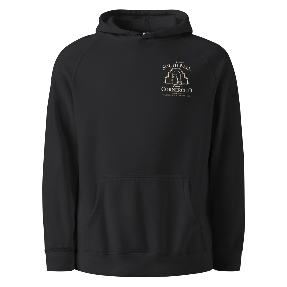 The South Wall Cornerclub crest on the chest of a coal hoodie