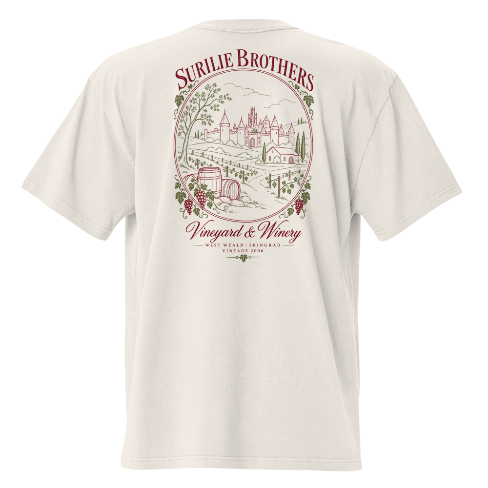 Surilie Brothers on the back of a faded bone tee