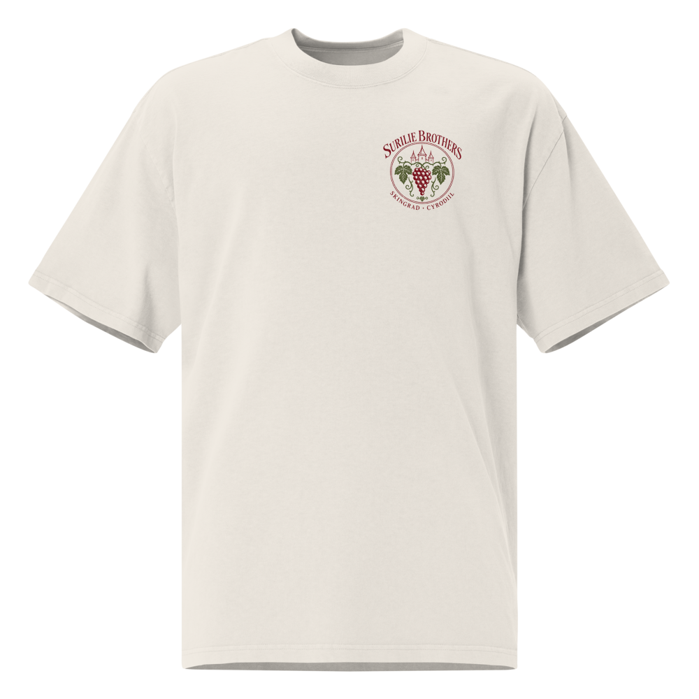 Surilie Brothers crest on the chest of a faded bone tee