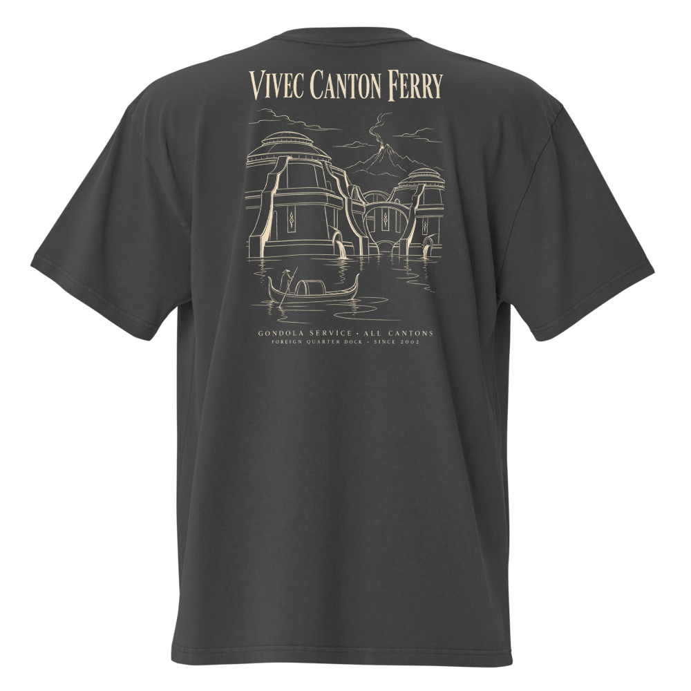 Vivec Canton Ferry on the back of a faded black tee