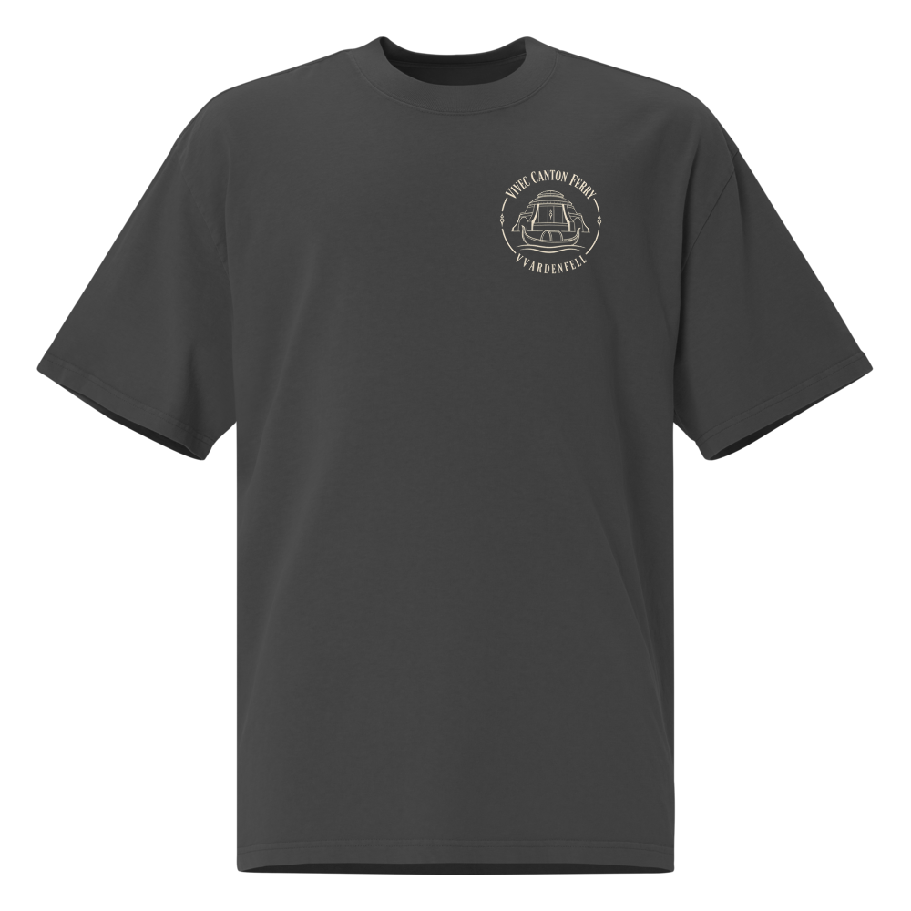 Vivec Canton Ferry crest on the chest of a faded black tee